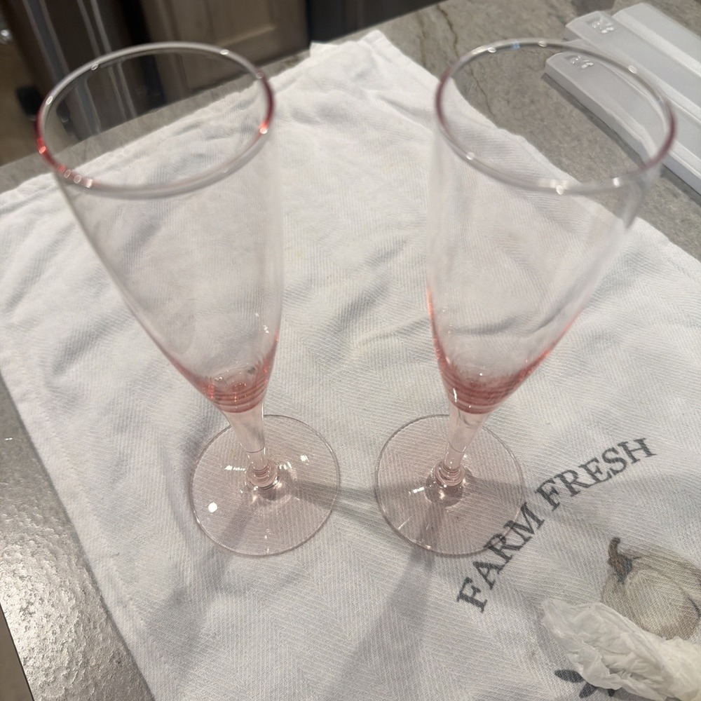 Vtg MCM Set‎ Of 2 Pink Rose Blush Champagne Flutes Glasses 9.5" Wedding Toast